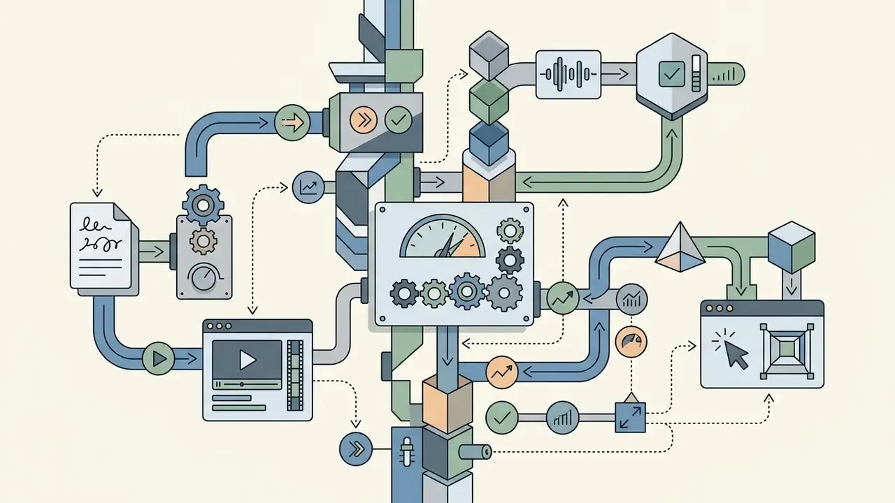 Complex system of pipes and gears processing media files into structured 3D and digital design outputs