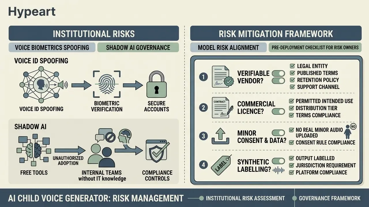 Infographic outlining institutional risks and a risk mitigation framework for AI child voice generator tools