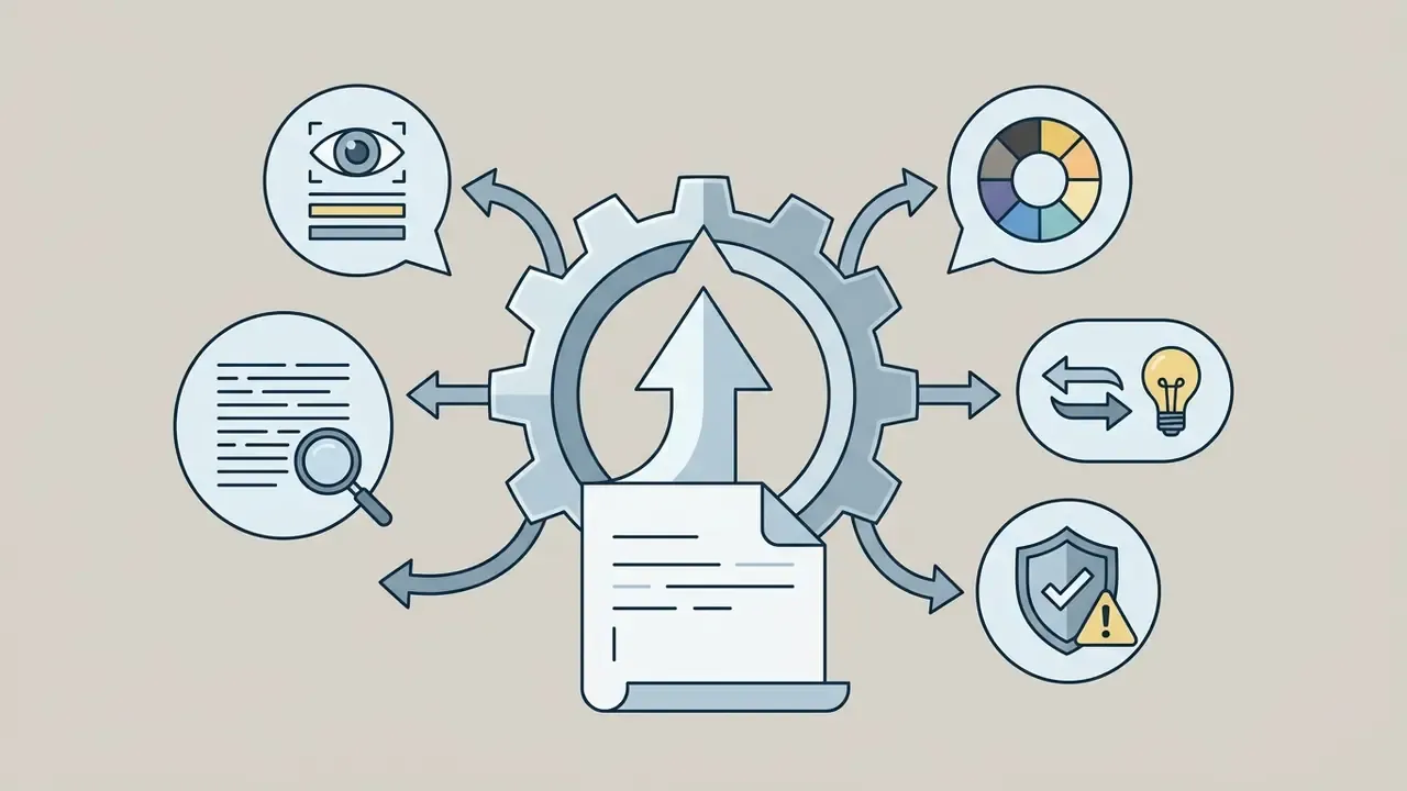 Central gear with an upward arrow surrounded by icons for text analysis, vision, color, ideas, and safety