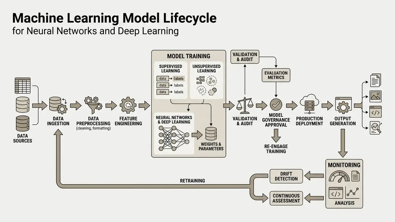 Flowchart mapping the end-to-end machine learning lifecycle from data ingestion to monitoring and retraining