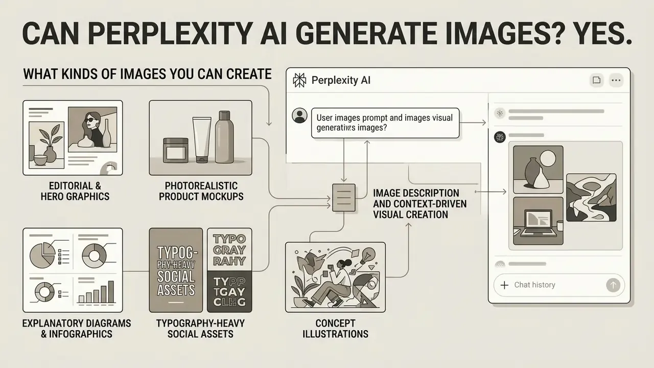 Infographic showing how Perplexity AI generates various image types within its conversational interface