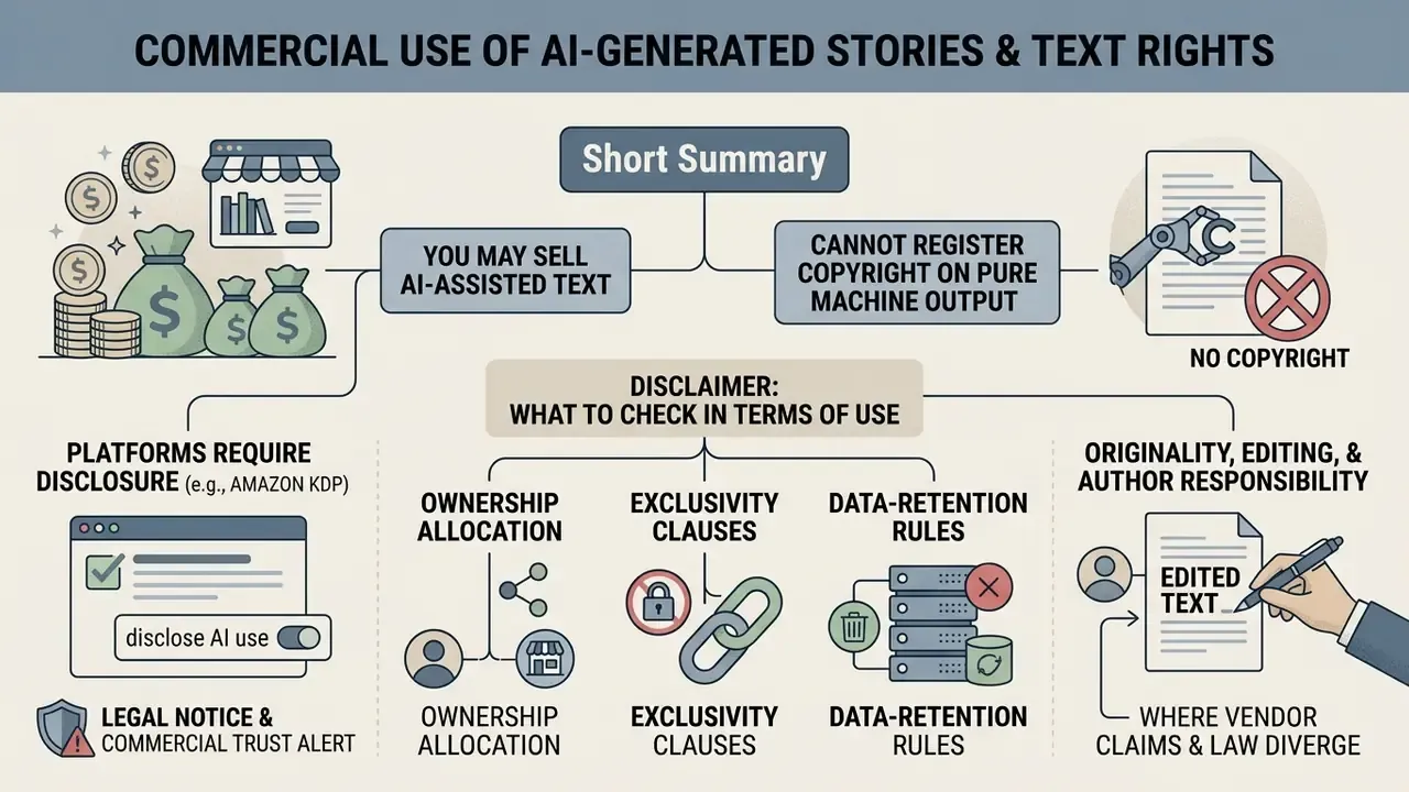 Infographic outlining legal considerations for selling machine-written content and checking terms of use