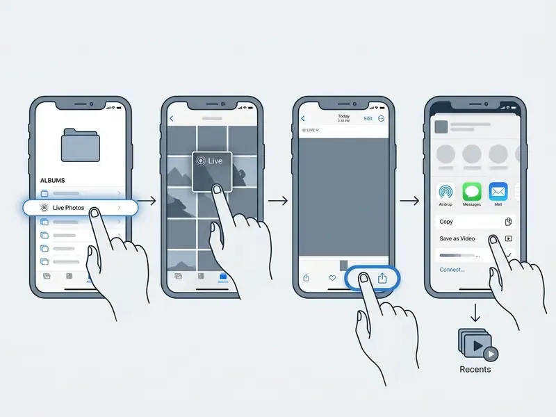 Sequence of four smartphone screens showing how to turn a live photo into a video in the iOS Photos app