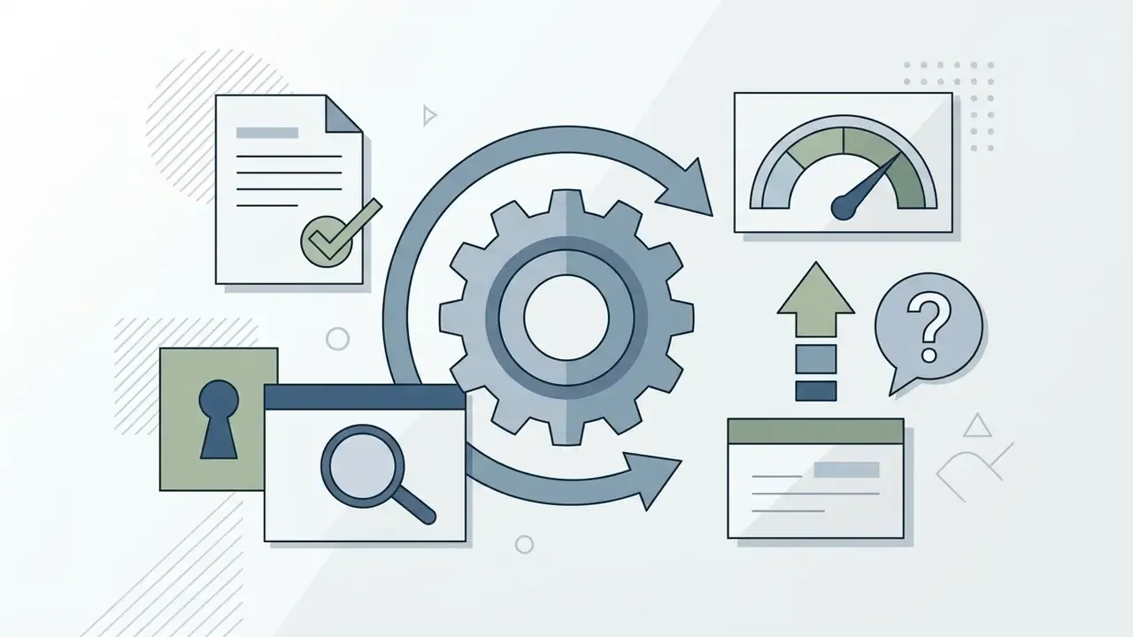 Gear icon surrounded by circular arrows with document, lock, magnifying glass, gauge, and question mark