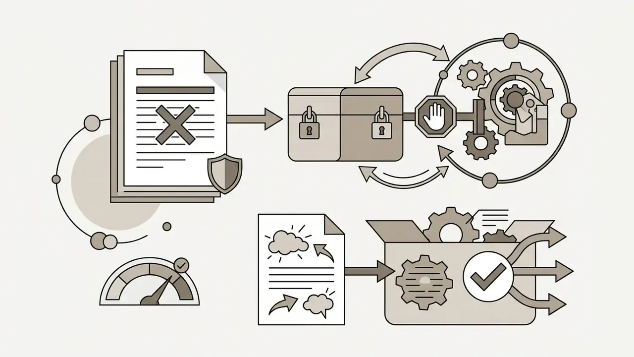 Document with a cross mark leading to a locked chest and gear mechanism blocked by a stop sign icon