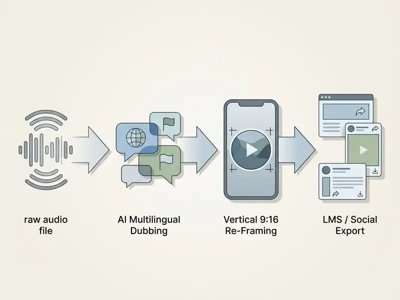 Workflow diagram showing raw audio transformed through multilingual dubbing and vertical re-framing