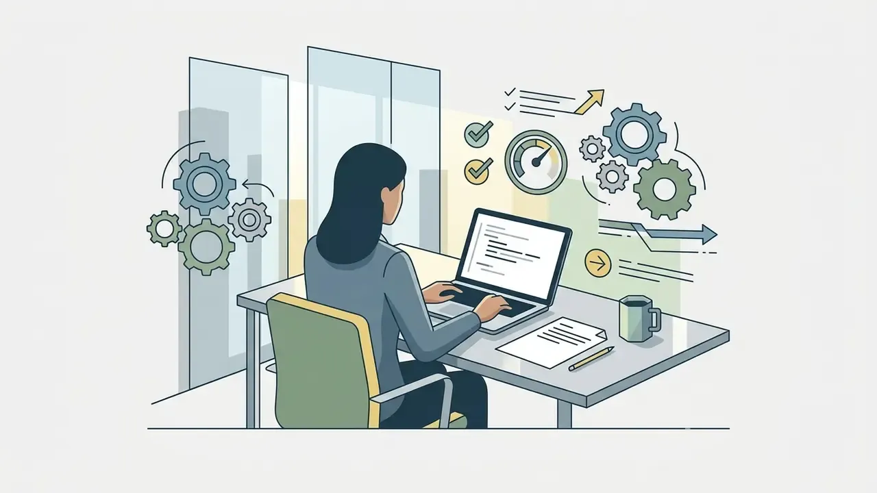 Businesswoman working at a laptop in an office surrounded by floating icons of gears and progress metrics