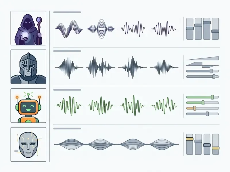 Four AI voice generator characters with corresponding audio waveforms and parameter adjustment sliders