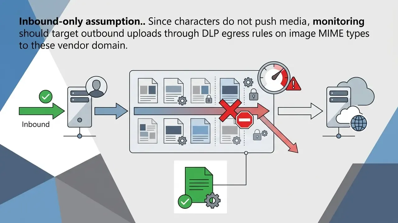 Data flow showing inbound traffic allowed while outbound image uploads are blocked by DLP egress rules