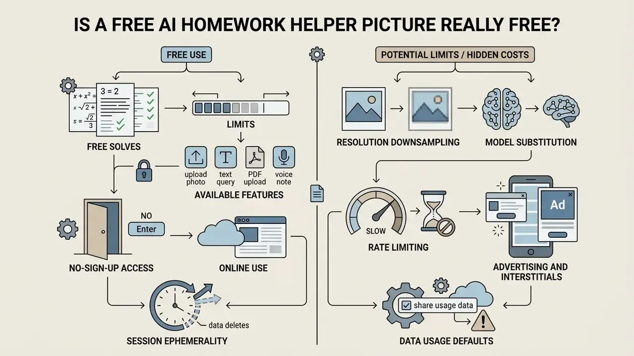 Infographic mapping the free features, potential limits, and hidden costs of an AI homework helper