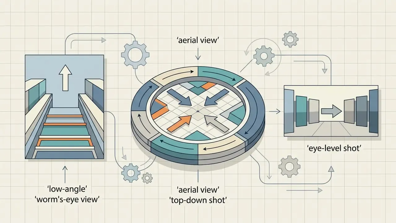 Circular process flow connecting low-angle and eye-level shot examples with gear icons and directional arrows