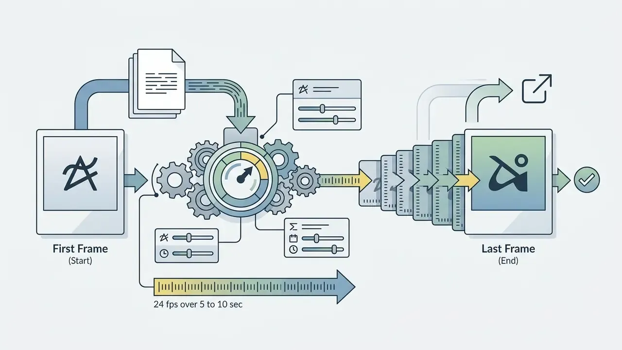 Two keyframe images connected by a gear mechanism that generates a sequence of frames for smooth animation