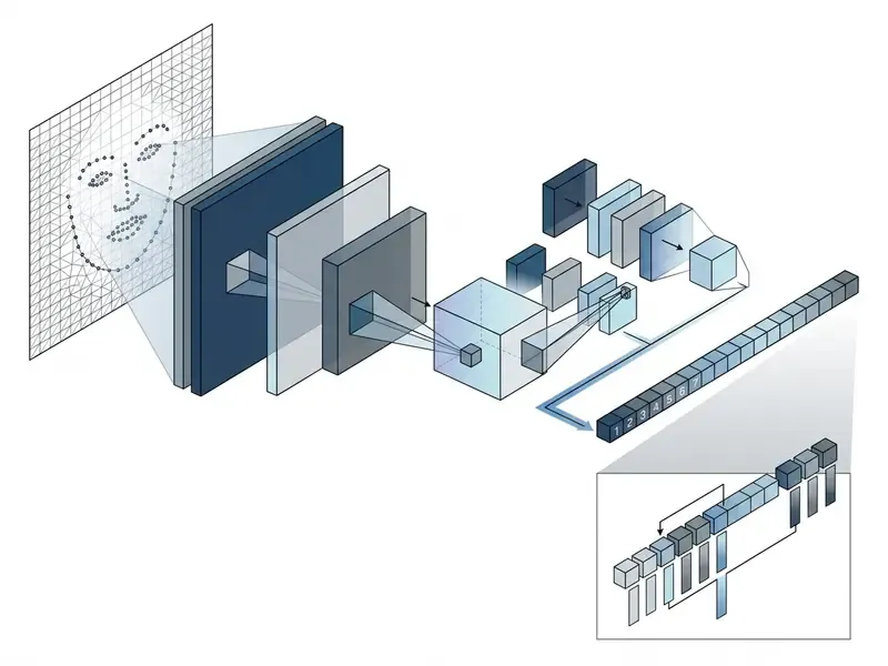 Diagram showing a facial grid being processed through neural network layers into a numerical identity vector