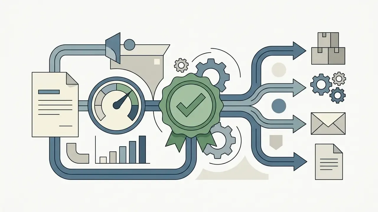 Gauge and approval badge connecting to multiple output paths for distribution and processing