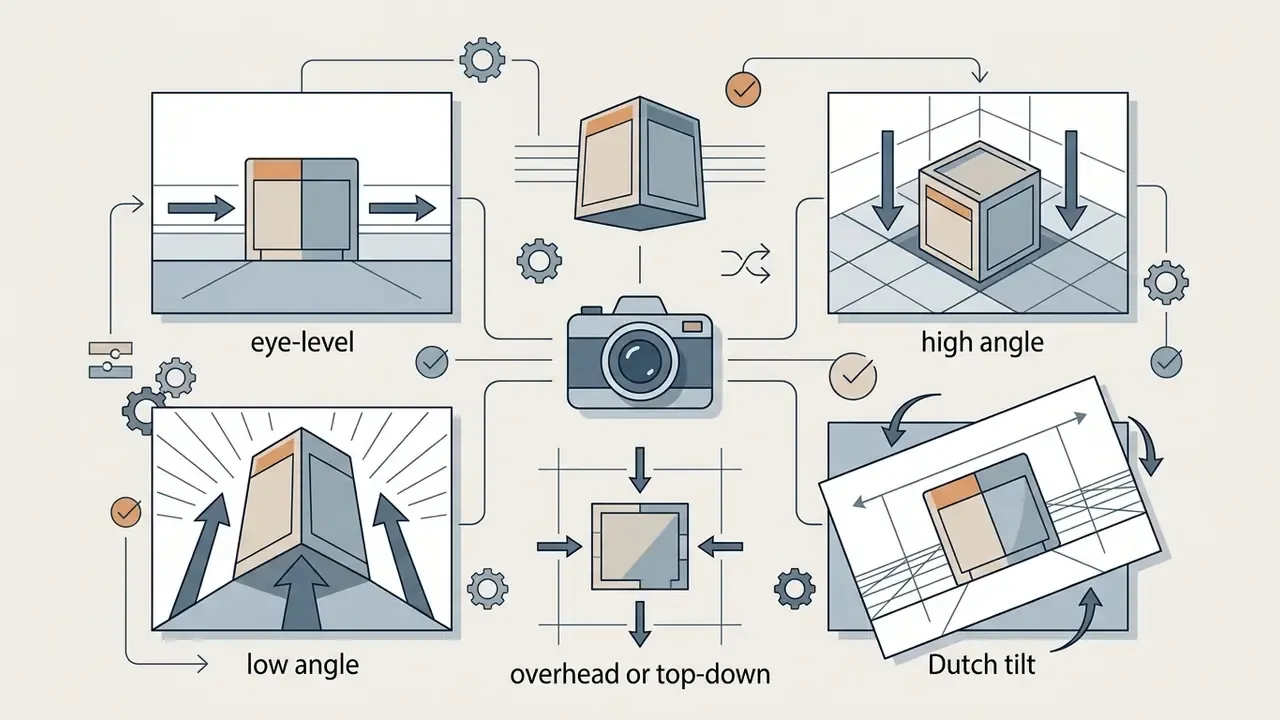 Camera icon surrounded by frames demonstrating eye-level, high, low, top-down, and Dutch tilt angles