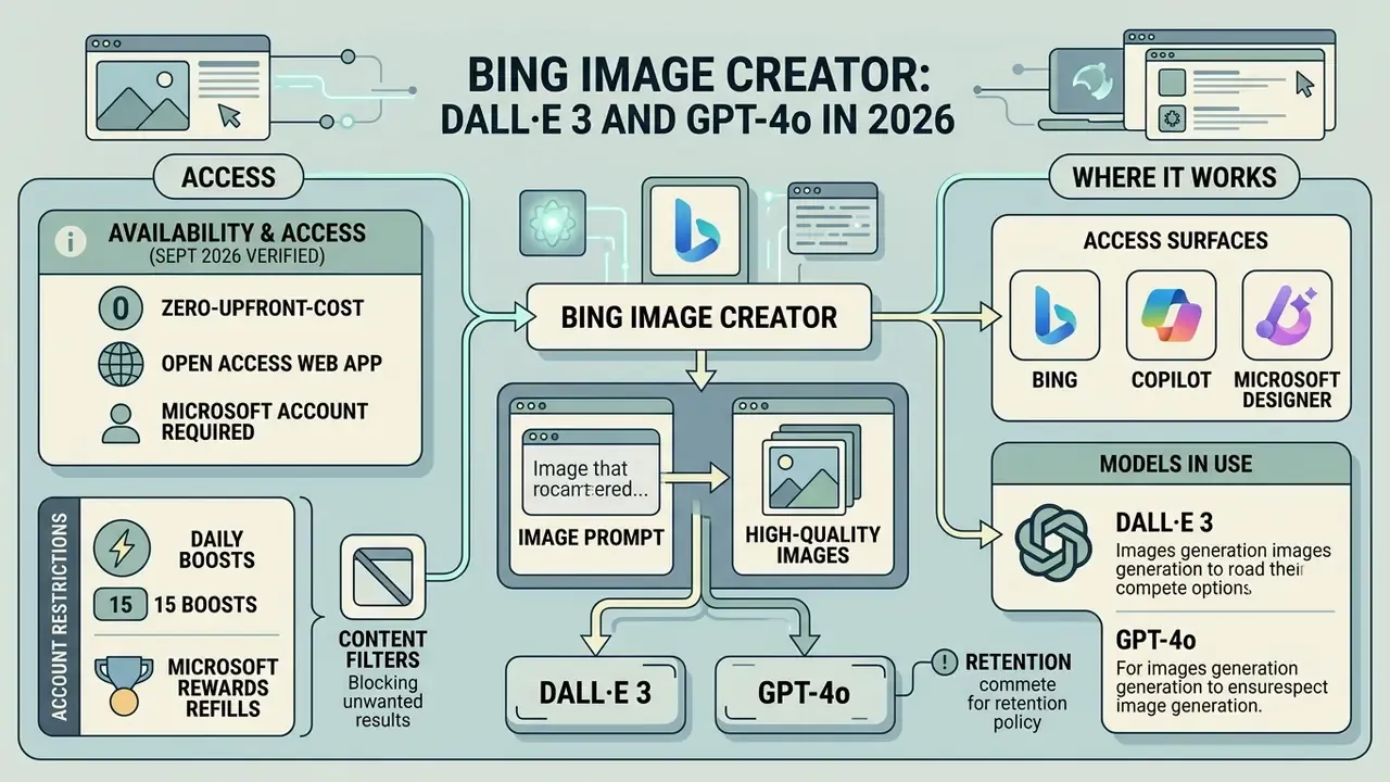 Infographic detailing how Bing Image Creator uses DALL-E 3 and GPT-4o models for free image generation