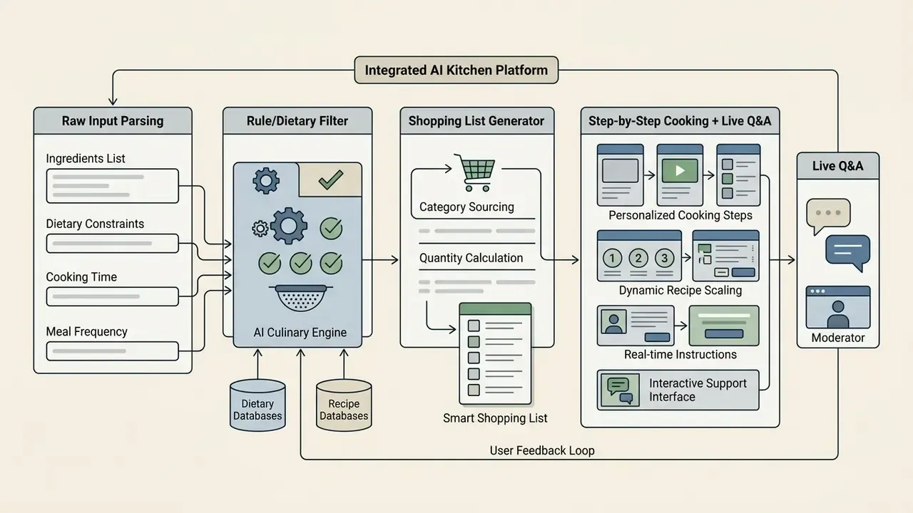 Schematic showing the progression from raw input parsing through dietary filtering to cooking guidance