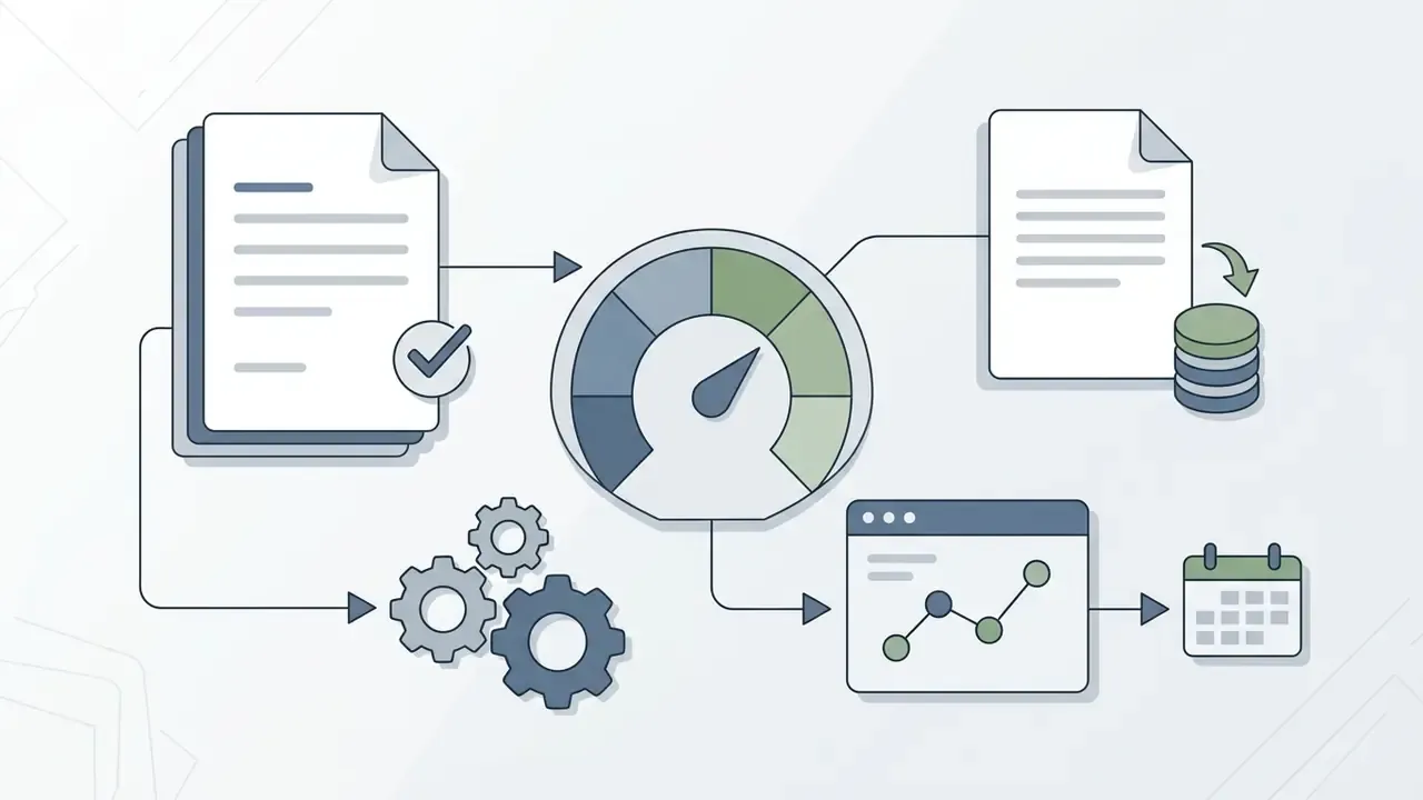 Documents flowing through a central speed gauge into data storage, analytics charts, and calendar schedules