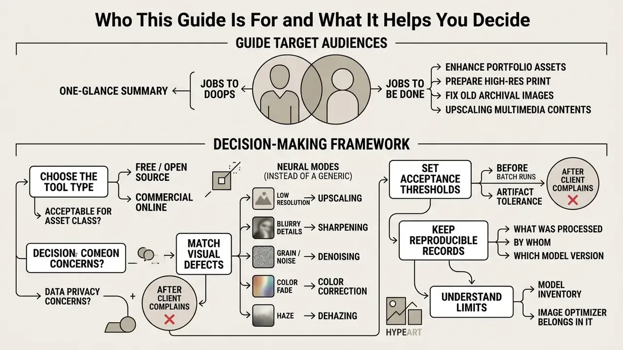 Flowchart outlining target audiences and a decision-making framework for using an AI image optimizer