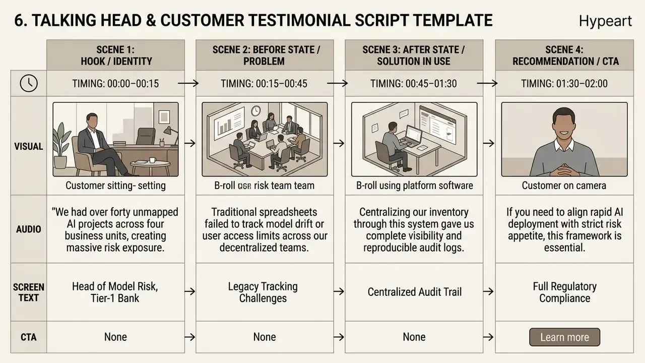 Four sequential columns detailing scene timing, visual descriptions, audio narration, and screen text