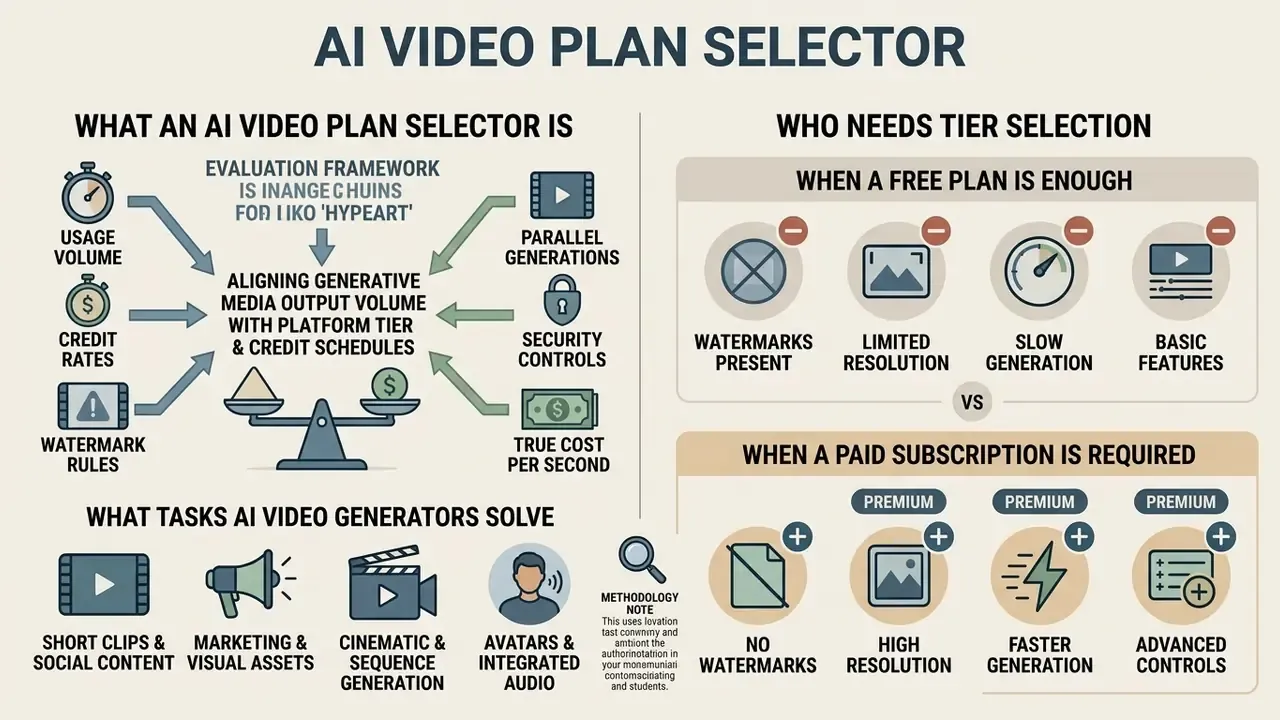 Infographic comparing free and paid AI video plan features based on output volume and credit requirements