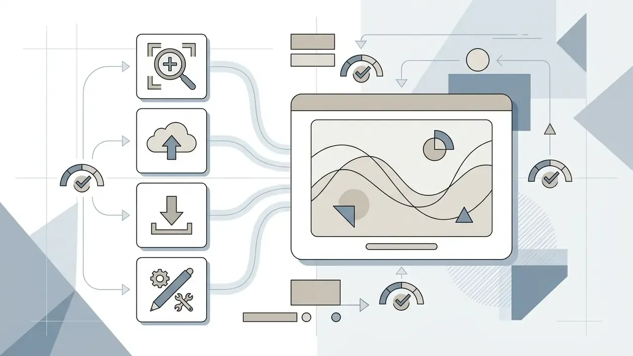 Control icons for zoom, upload, download, and edit feeding into a central media preview window