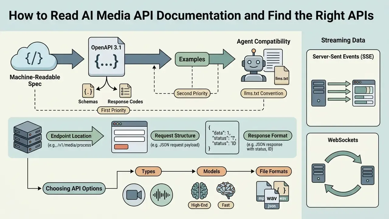 Flowchart detailing the process of navigating AI Media API documentation and streaming data protocols