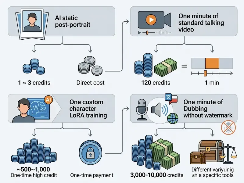 Flowchart mapping credit costs for static portraits, talking videos, LoRA training, and dubbing services