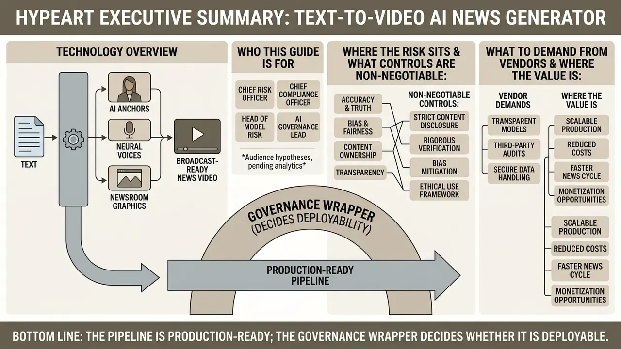 Infographic outlining a text-to-video AI news generator workflow, risk controls, and vendor requirements