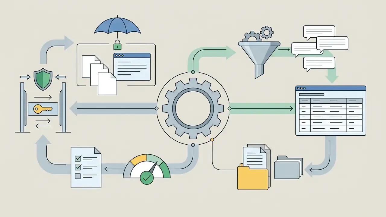 Gear system connecting identity access icons, data folders, and audit logs with security and status gauges