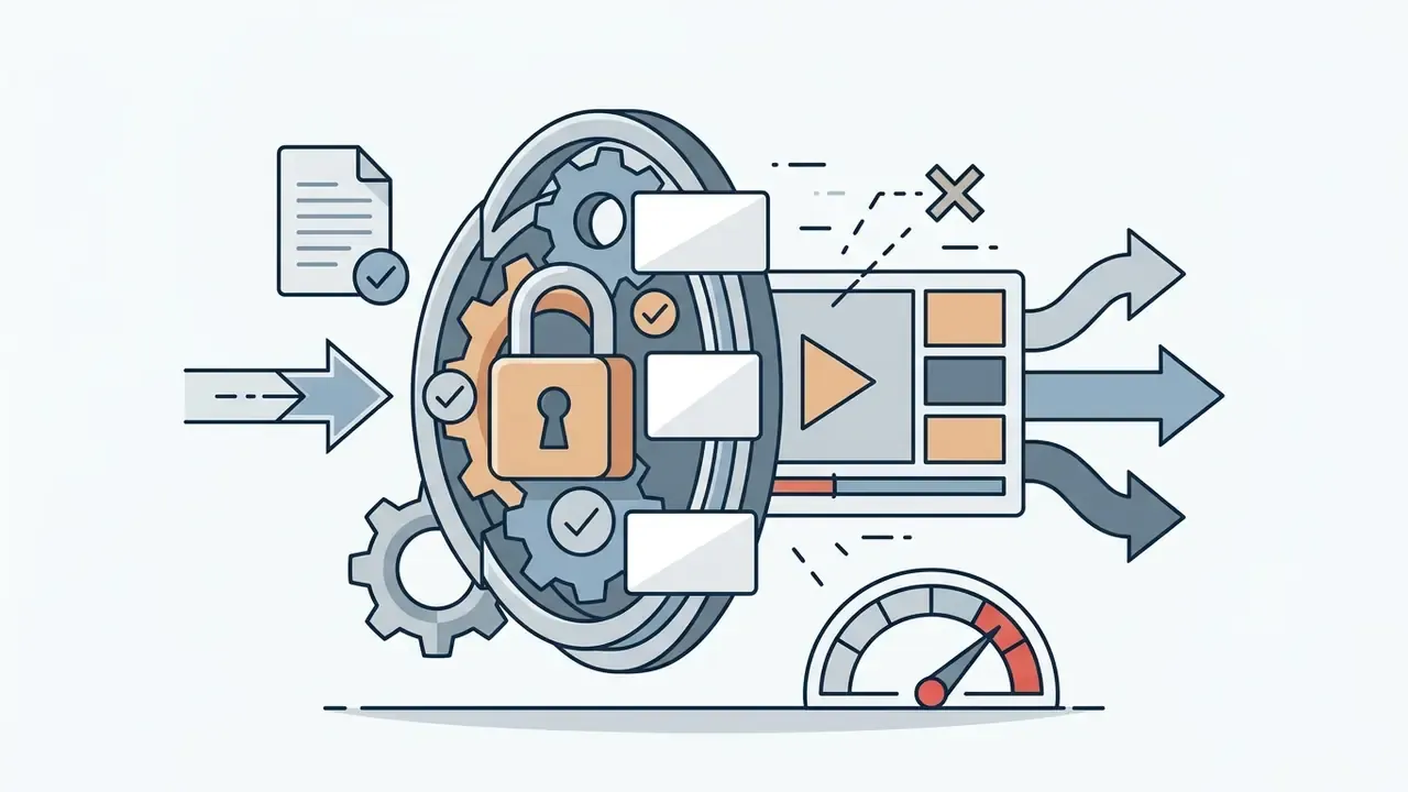 Locked padlock inside a gear mechanism blocking access to a video player and data processing streams