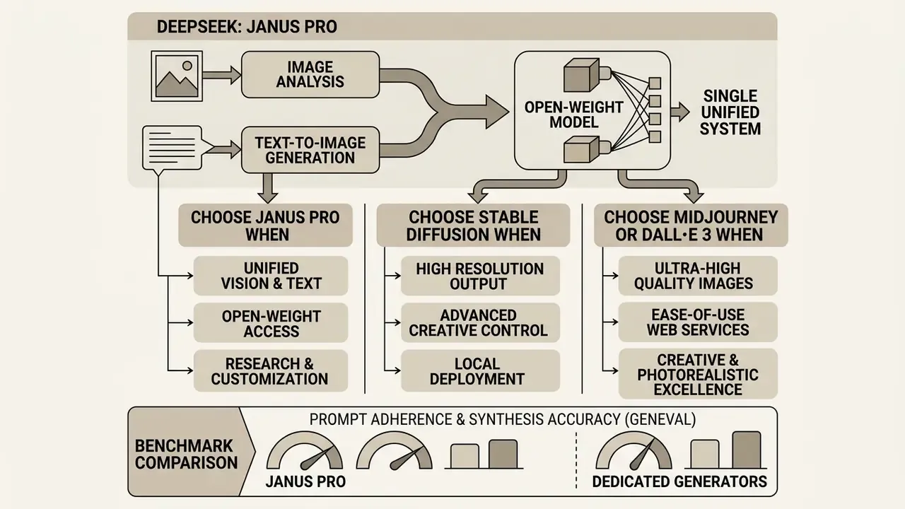 Comparison of Janus Pro, Stable Diffusion, and dedicated AI image generators with performance benchmarks