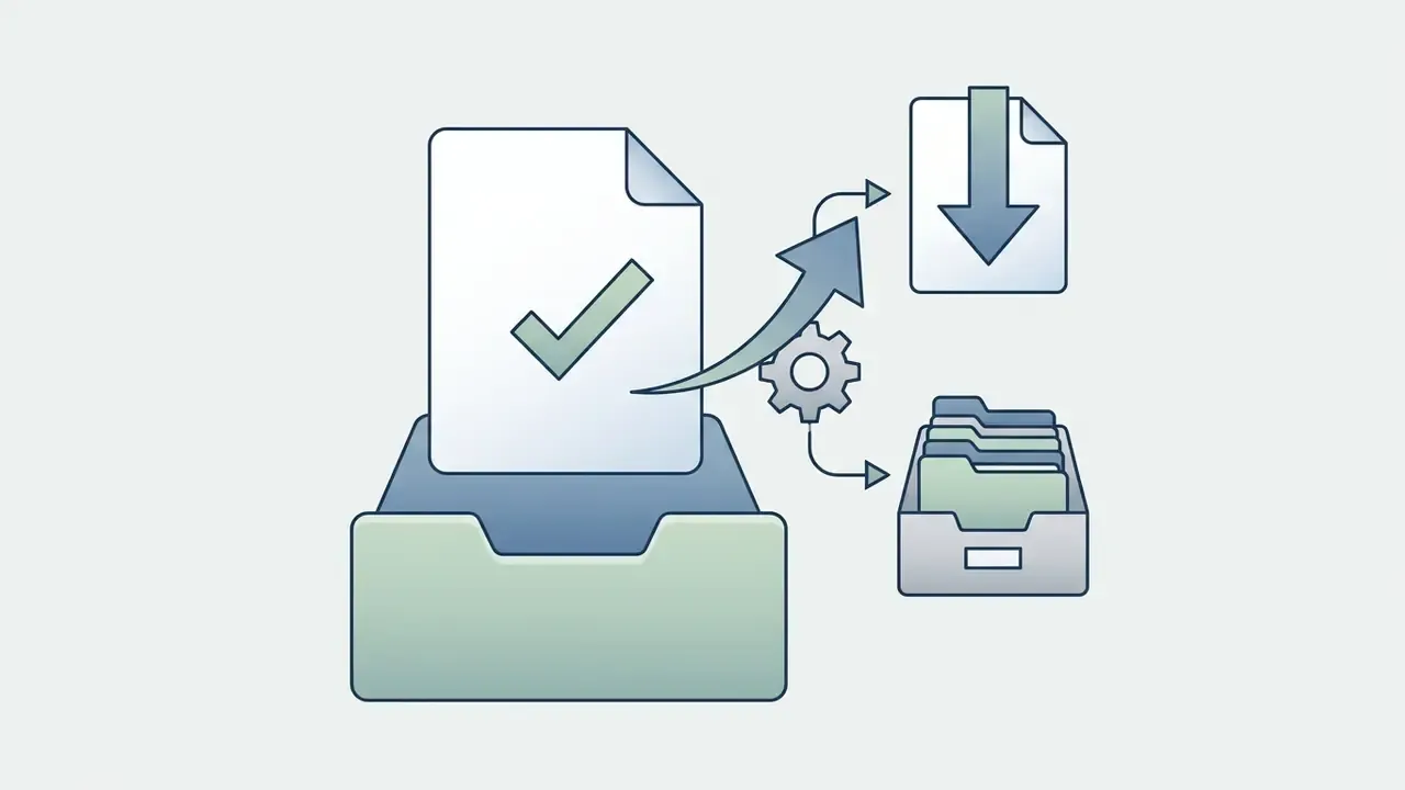 Verified document being moved into a download folder and an organizational file cabinet