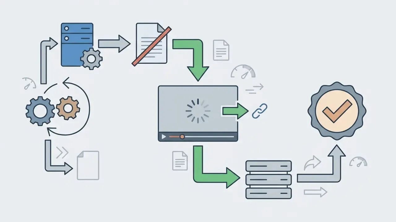 Server icons and gears rotating to generate temporary links for media playback and audit trail logging