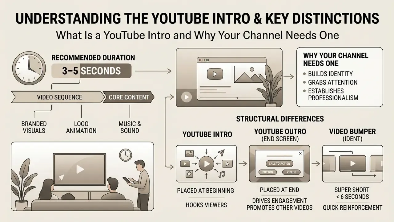 Infographic explaining the purpose, duration, and structural differences of a YouTube intro