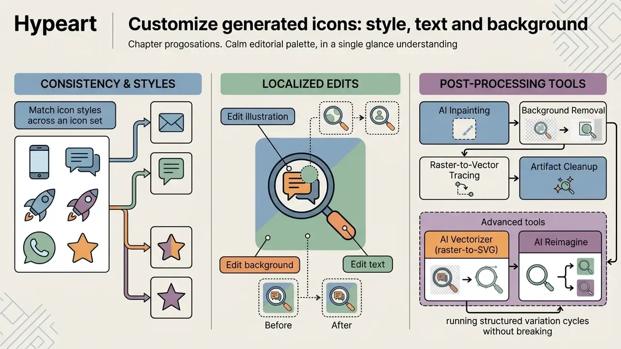 Three-part diagram detailing icon consistency, localized editing features, and post-processing workflows