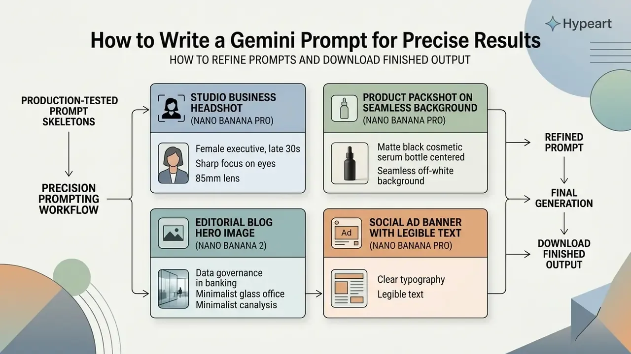 Four prompt template examples for professional headshots, product shots, blog images, and social ad banners