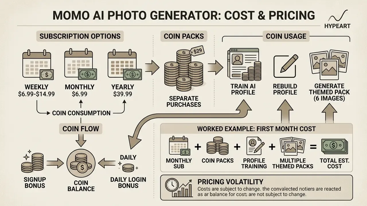 Infographic detailing subscription plans, coin purchases, usage, and a cost example for the mobile app