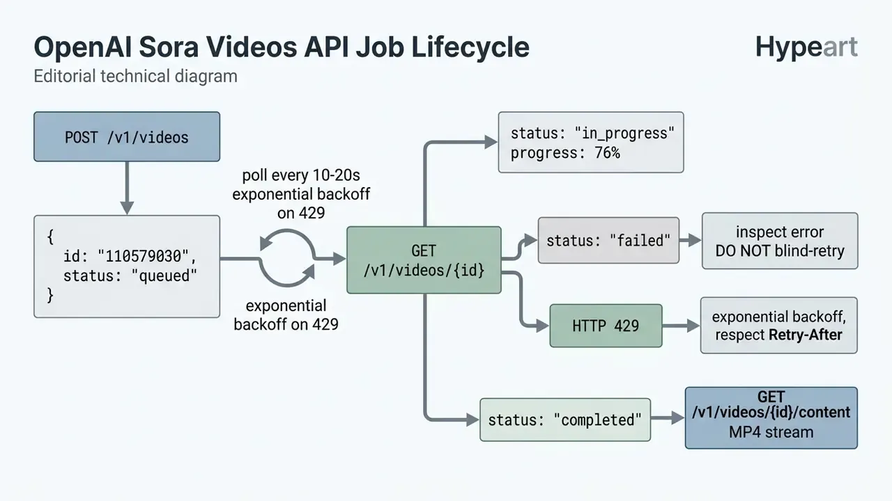 Flowchart mapping the polling process and status transitions for OpenAI Sora video generation requests