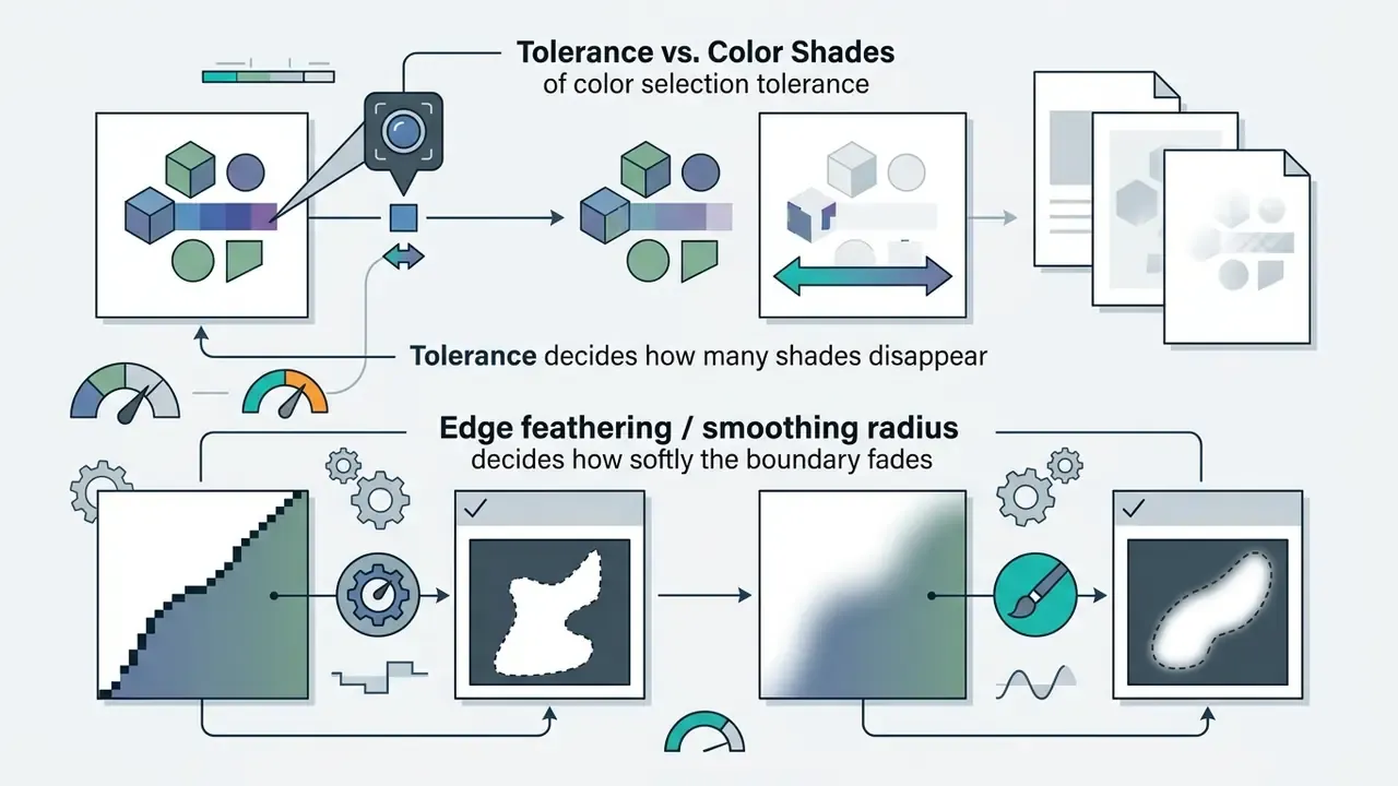 Visual guide showing how tolerance affects color range and feathering creates soft edge transitions