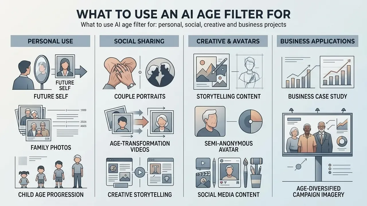 Infographic categorizing diverse practical and professional applications for facial transformation technology