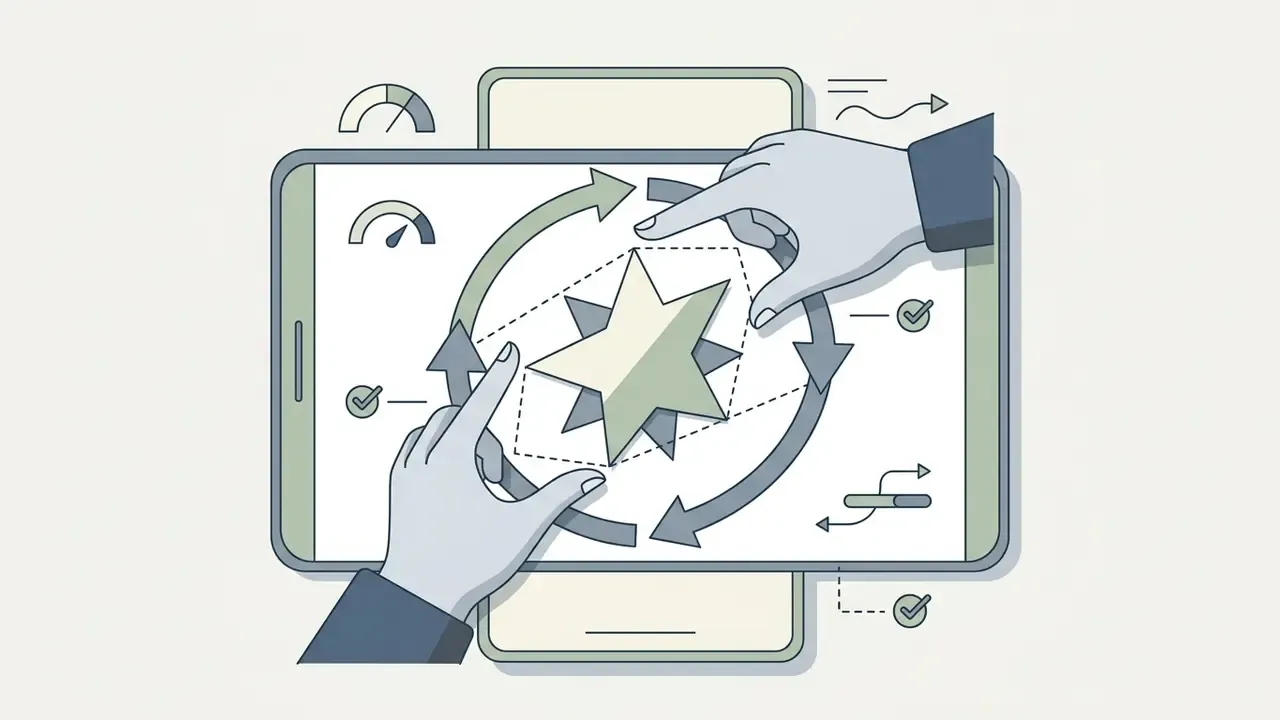 Two hands manipulating a star sticker on a digital screen with circular arrows indicating rotation