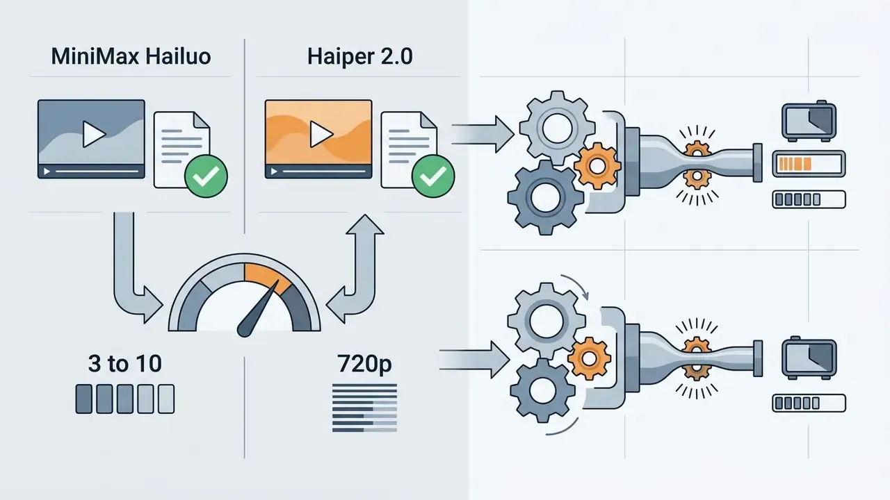 MiniMax Hailuo and Haiper 2.0 generation limits with a speedometer and processing gears
