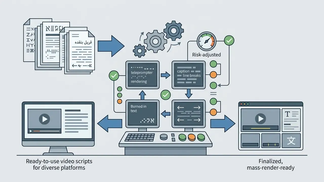 System processing multilingual documents through rendering checks and risk gauges for video output