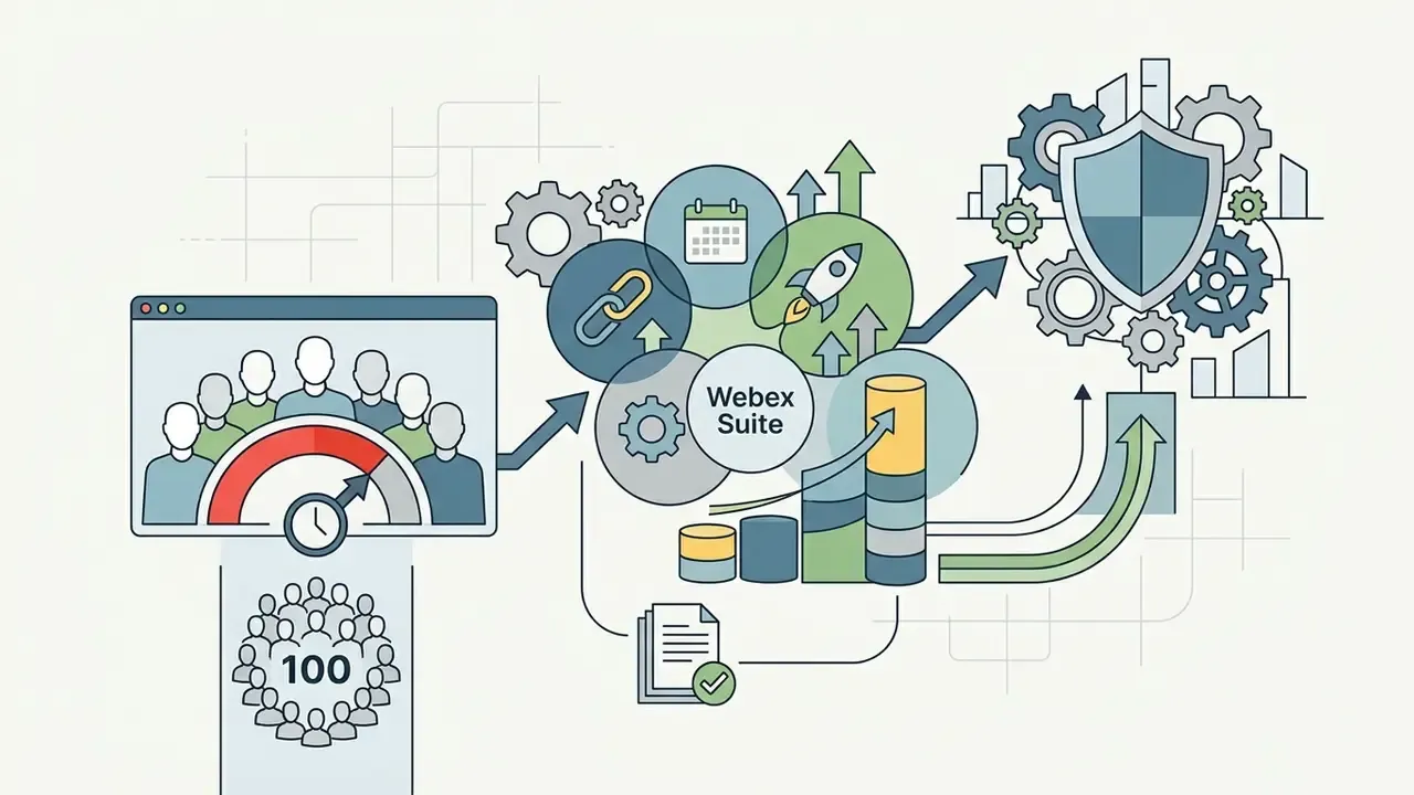 Meeting participants and time gauge connecting to Webex Suite features, growth charts, and security gears