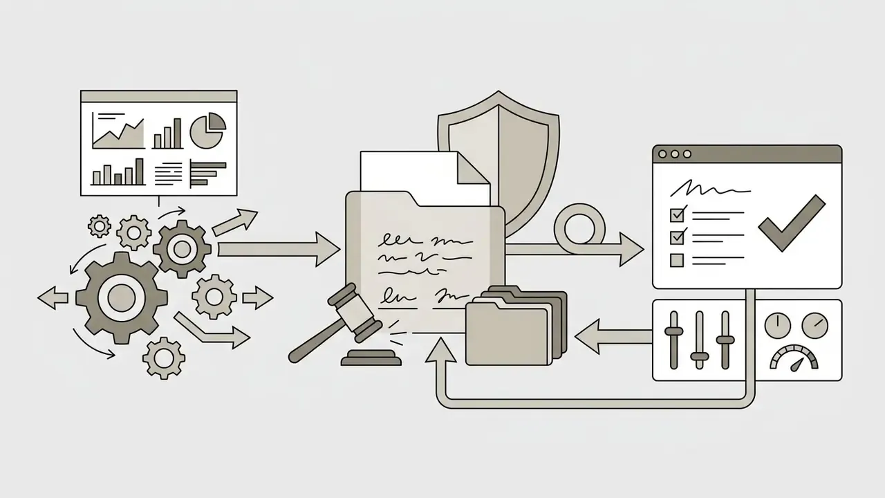 Gears driving legal documents, a gavel, and a shield toward a dashboard with approval settings