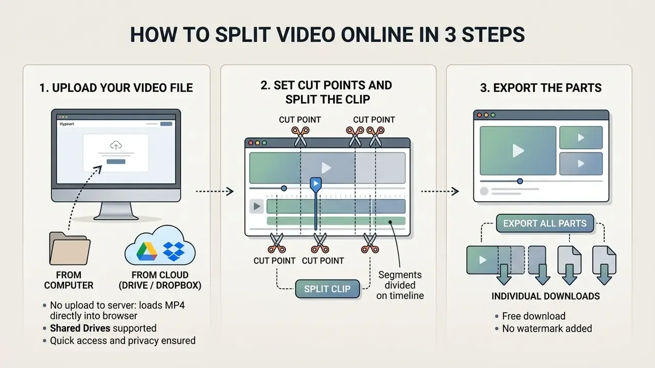 Three steps to split video online by uploading files, setting cut points on a timeline, and exporting parts
