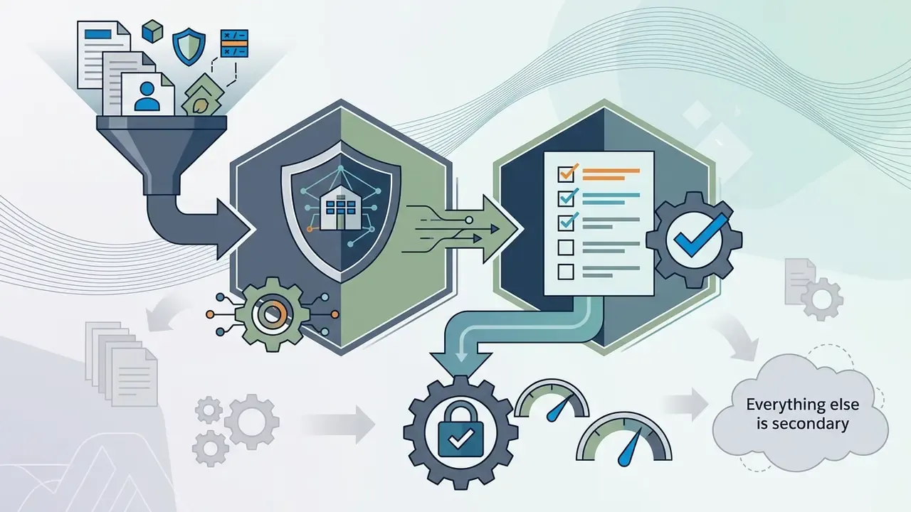 Funnel feeding documents into a security shield and checklist process with gears and speed gauges