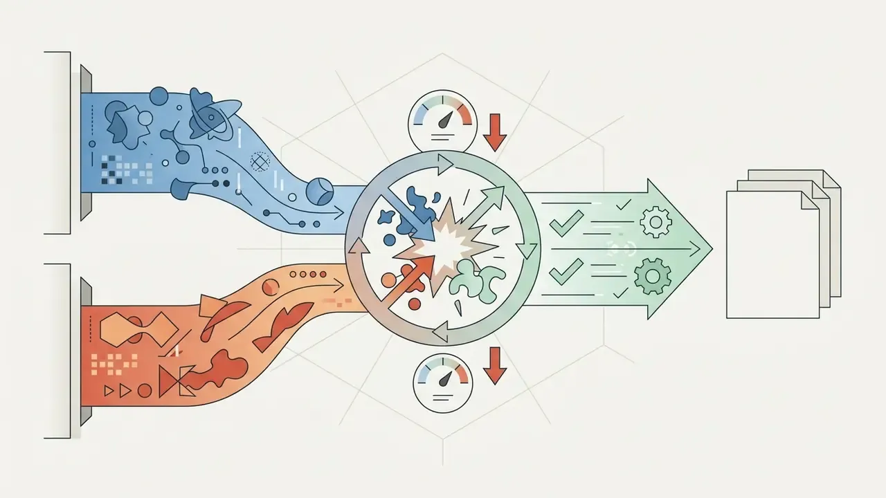 Two streams of abstract shapes converging into a central processing circle to produce refined documents