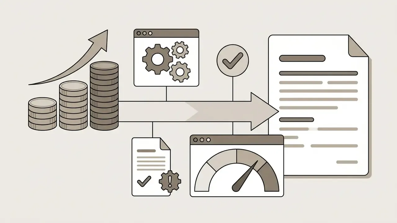 Stacks of coins and a rising arrow feeding into digital processing windows and a document summary